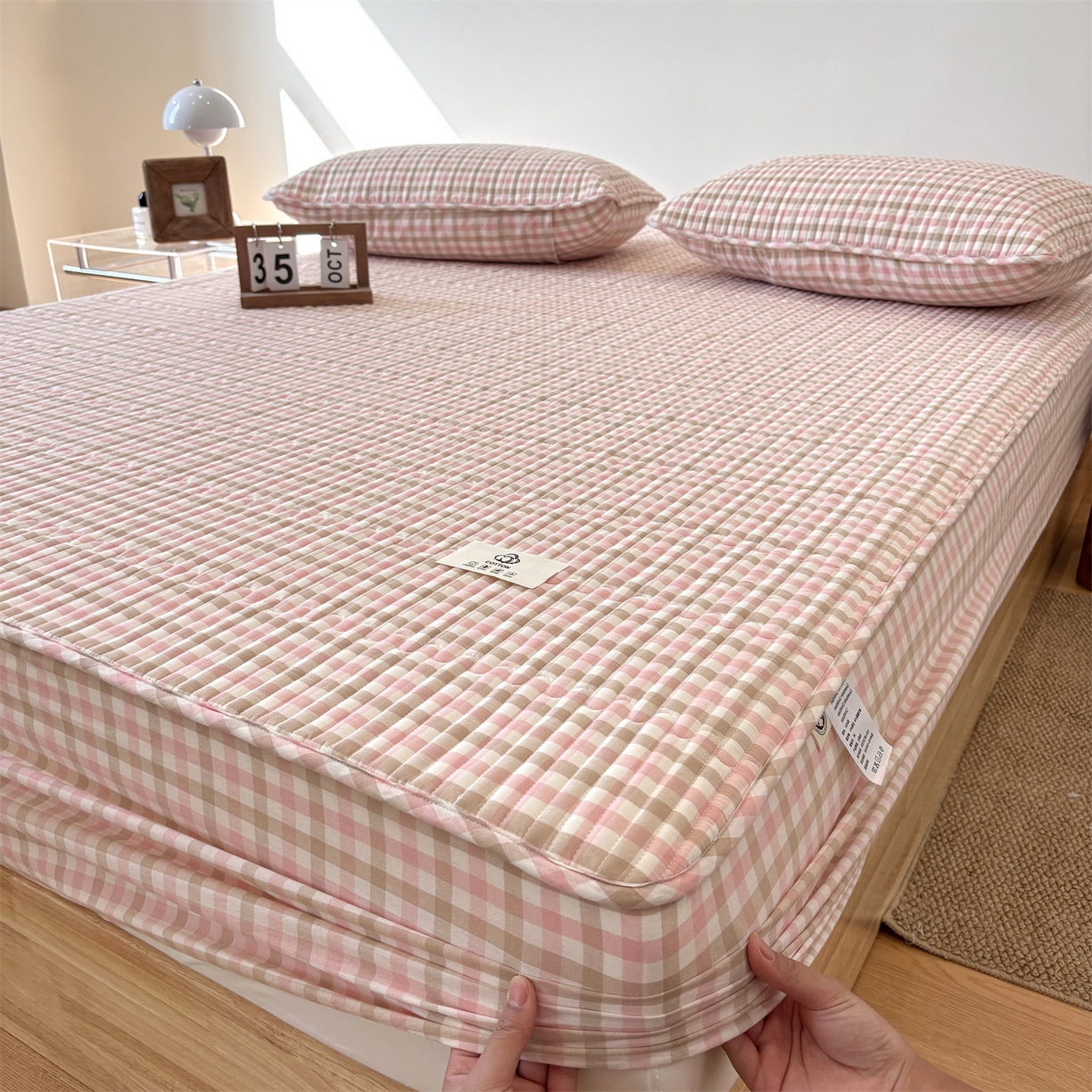 居眠 2025新款格子全棉纯棉水洗棉棉花单床笠床笠单件单品床笠 夹棉款-印月粉