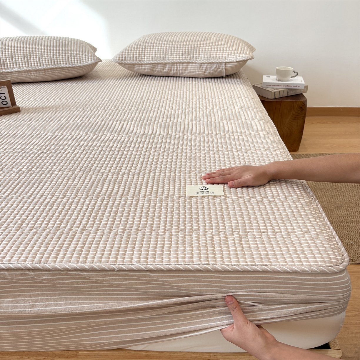 91家纺网 家纺一手货源 找家纺 居眠 2025新款格子全棉纯棉水洗棉棉花单床笠床笠单件单品床笠 夹棉款-米细条