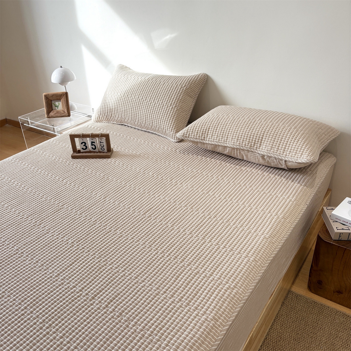 91家纺网 家纺一手货源 找家纺 居眠 2025新款格子全棉纯棉水洗棉棉花单床笠床笠单件单品床笠 夹棉款-米细条