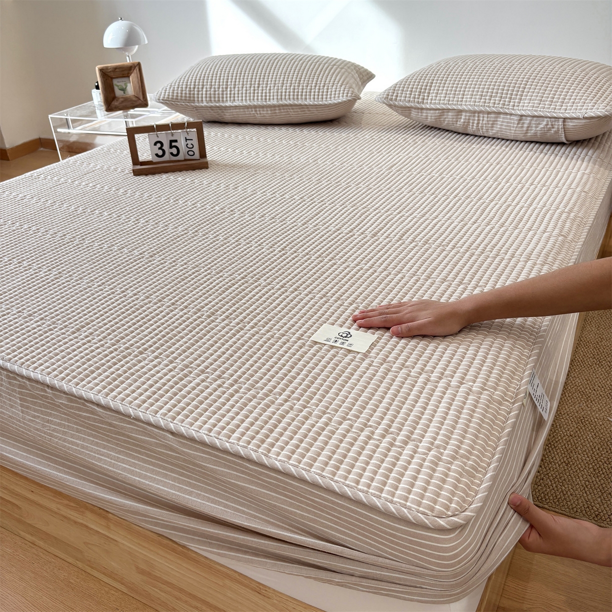 91家纺网 家纺一手货源 找家纺 居眠 2025新款格子全棉纯棉水洗棉棉花单床笠床笠单件单品床笠 夹棉款-米细条