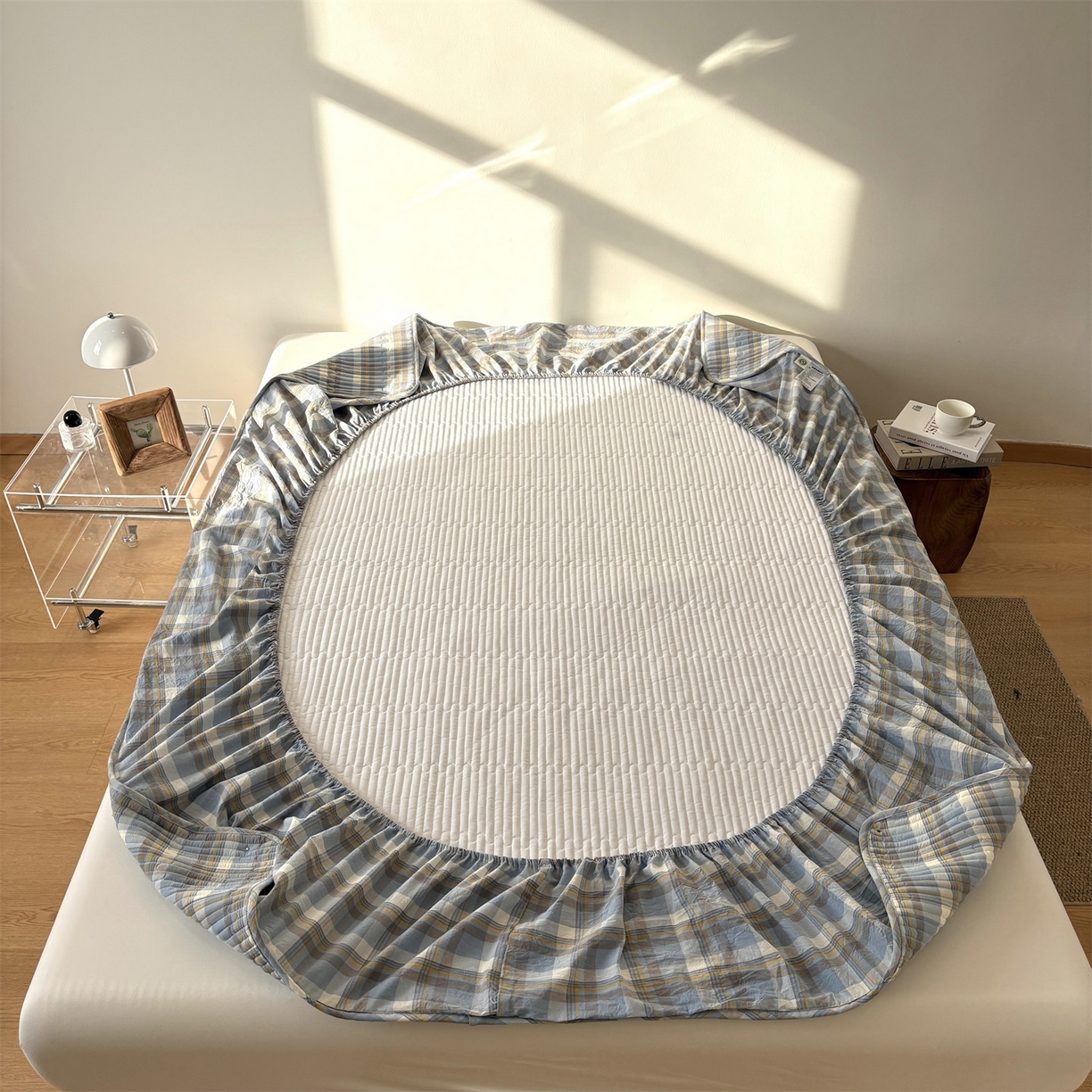 91家纺网 家纺一手货源 找家纺 居眠 2025新款格子全棉纯棉水洗棉棉花单床笠床笠单件单品床笠 夹棉款-简兮兰