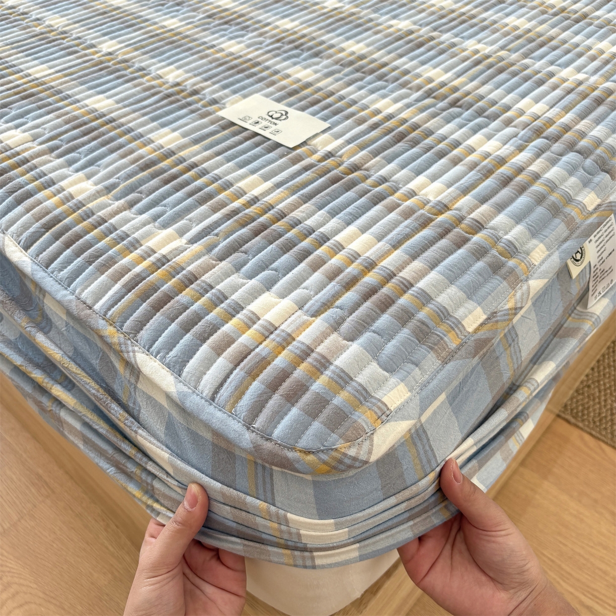 91家纺网 家纺一手货源 找家纺 居眠 2025新款格子全棉纯棉水洗棉棉花单床笠床笠单件单品床笠 夹棉款-简兮兰