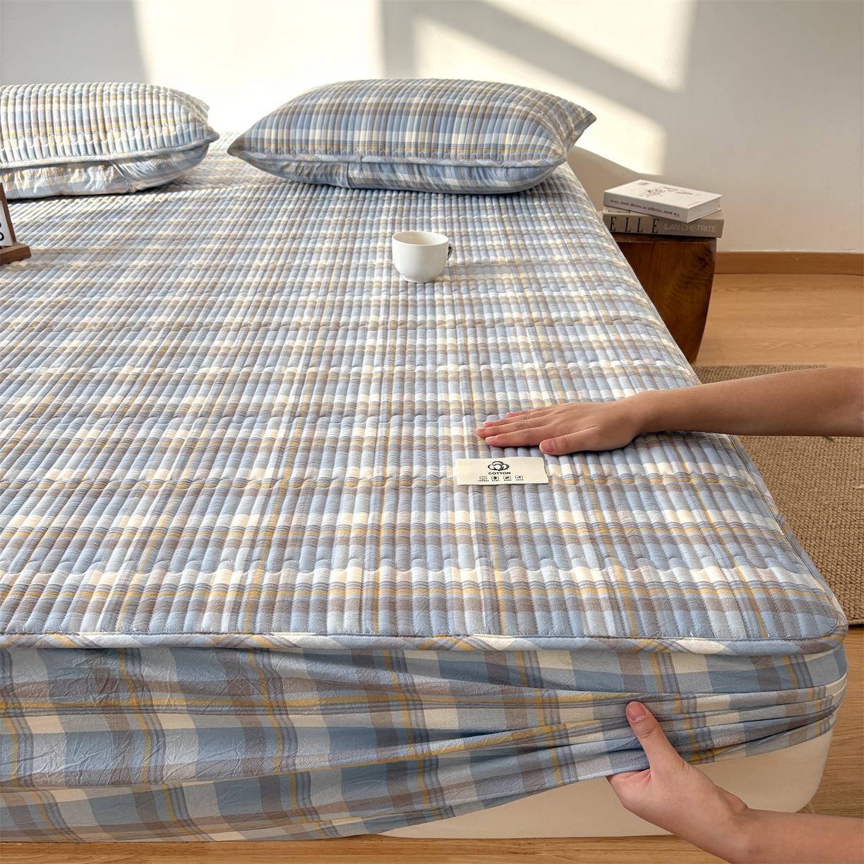 91家纺网 家纺一手货源 找家纺 居眠 2025新款格子全棉纯棉水洗棉棉花单床笠床笠单件单品床笠 夹棉款-简兮兰
