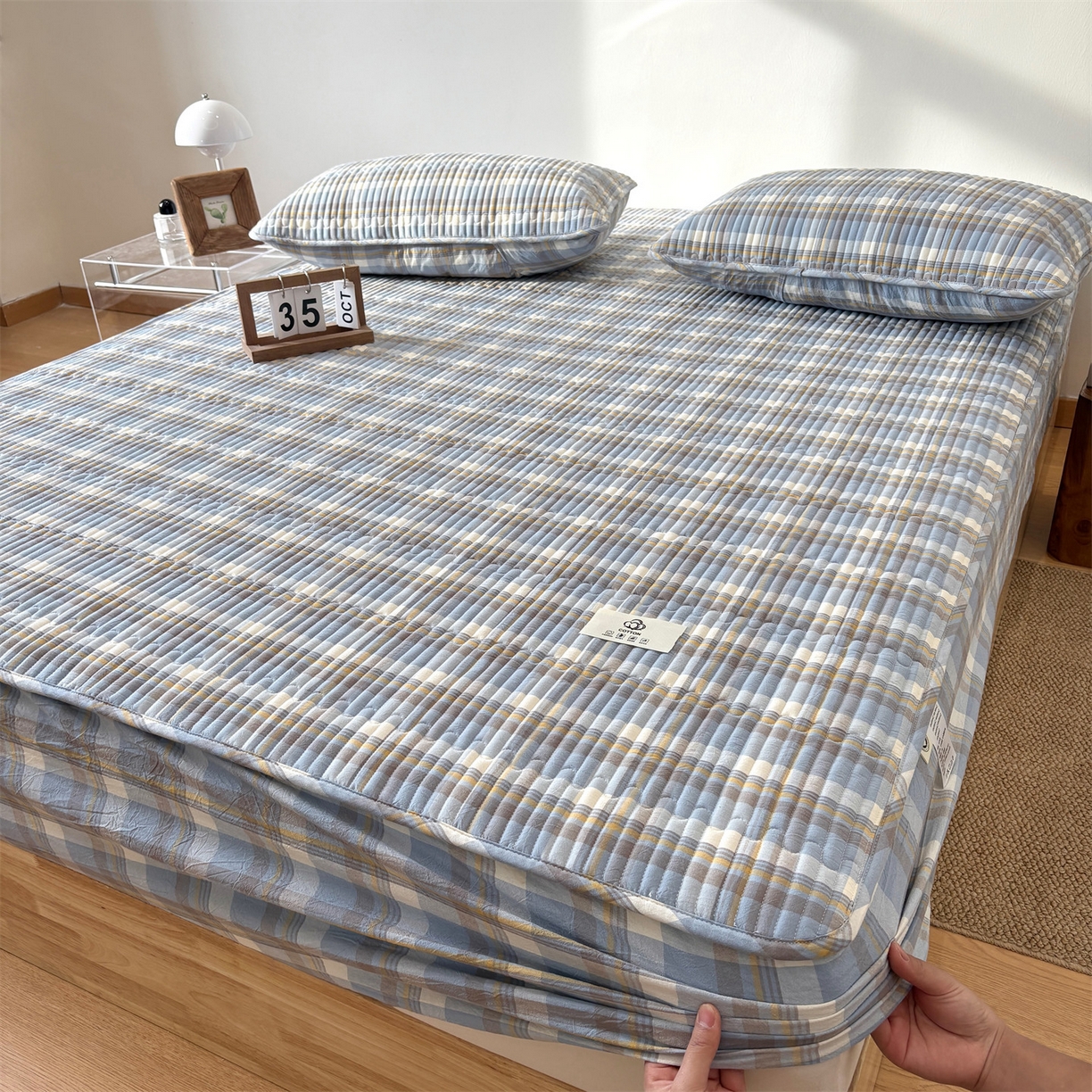 91家纺网 家纺一手货源 找家纺 居眠 2025新款格子全棉纯棉水洗棉棉花单床笠床笠单件单品床笠 夹棉款-简兮兰