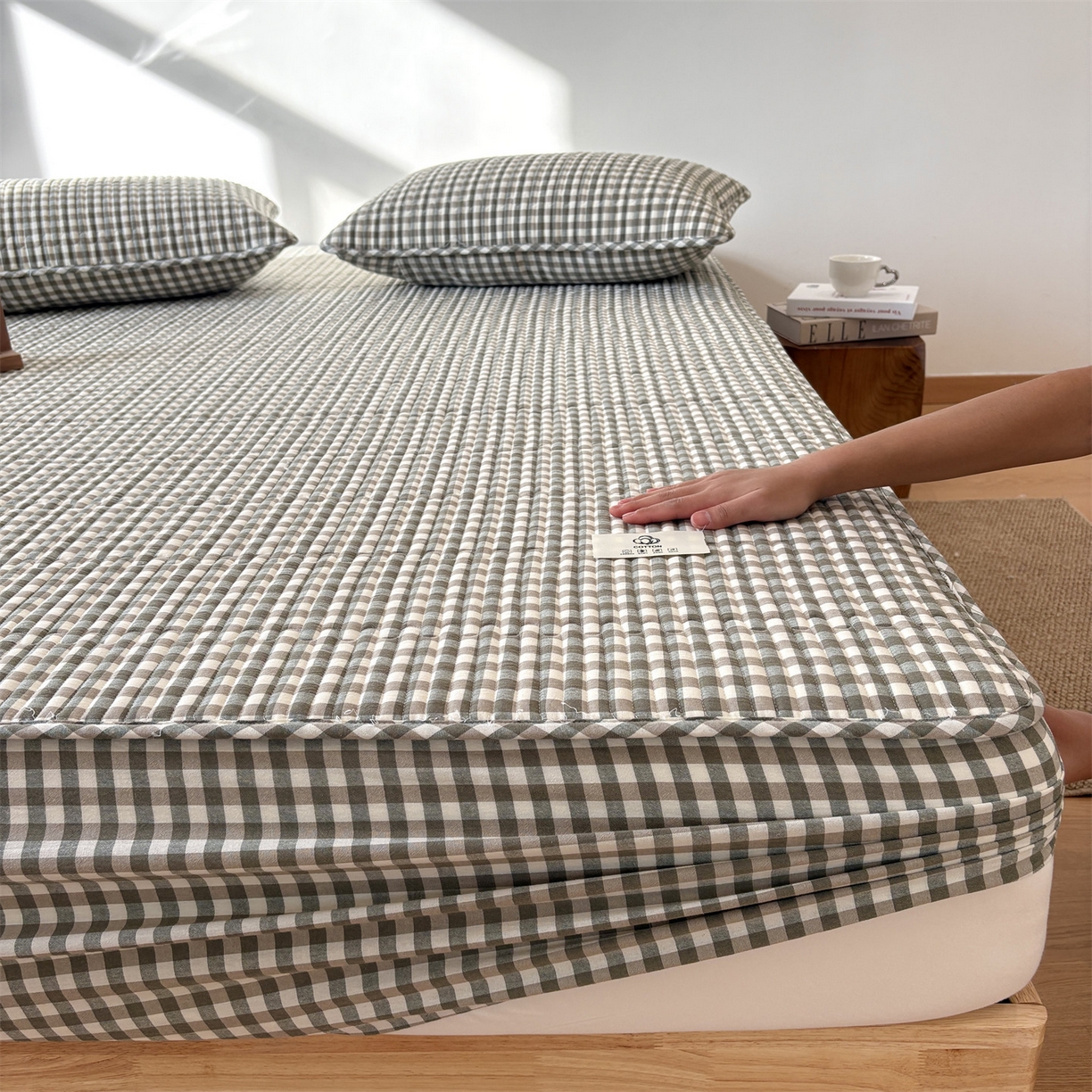 91家纺网 家纺一手货源 找家纺 居眠 2025新款格子全棉纯棉水洗棉棉花单床笠床笠单件单品床笠 夹棉款-绿小格