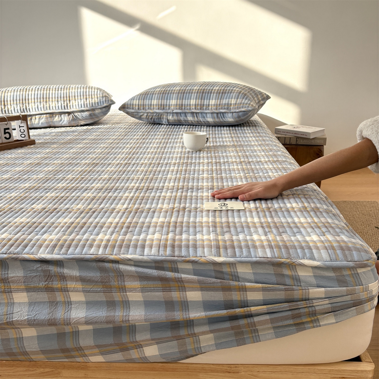 91家纺网 家纺一手货源 找家纺 居眠 2025新款格子全棉纯棉水洗棉棉花单床笠床笠单件单品床笠 夹棉款-简兮兰