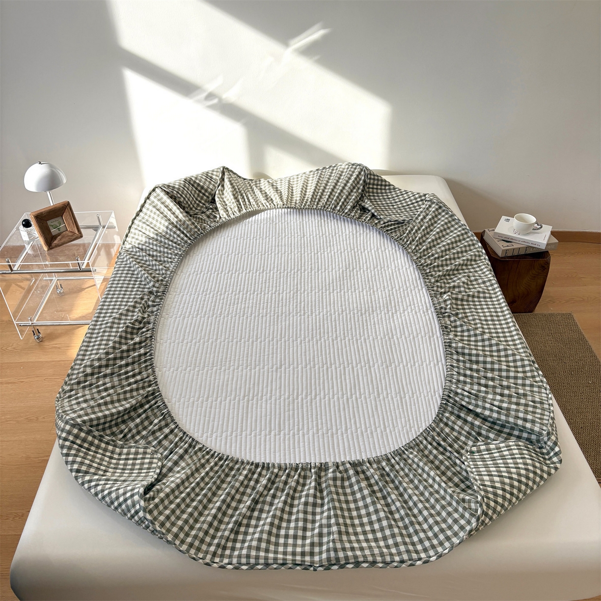 91家纺网 家纺一手货源 找家纺 居眠 2025新款格子全棉纯棉水洗棉棉花单床笠床笠单件单品床笠 夹棉款-绿小格