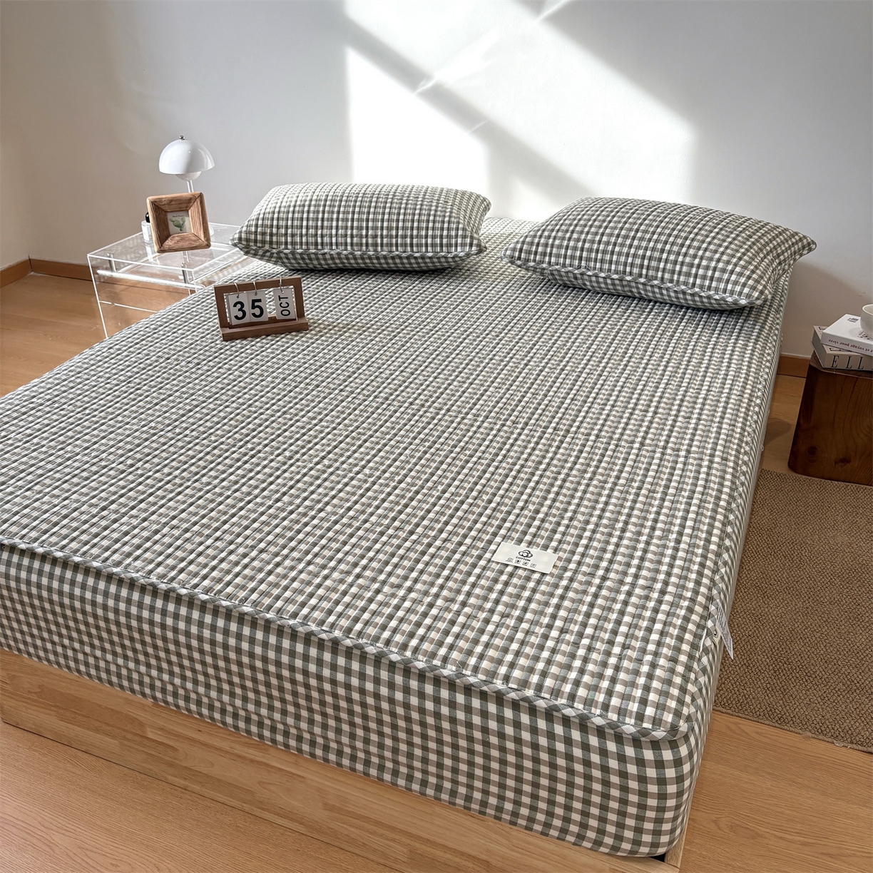 91家纺网 家纺一手货源 找家纺 居眠 2025新款格子全棉纯棉水洗棉棉花单床笠床笠单件单品床笠 夹棉款-绿小格