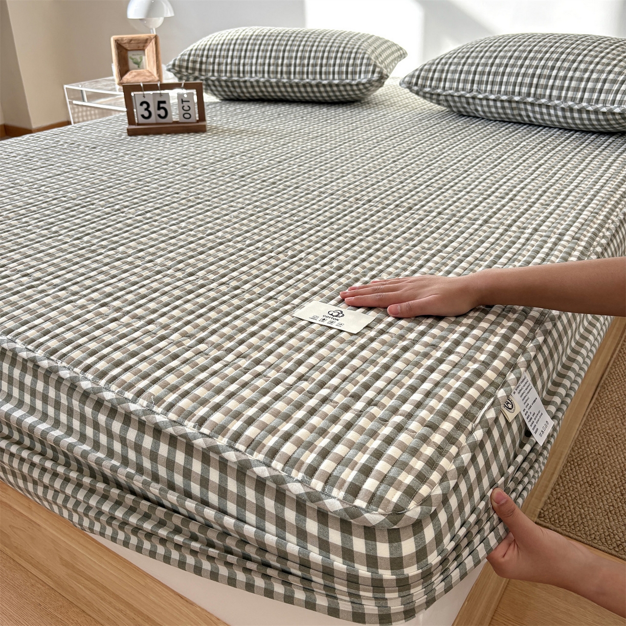 91家纺网 家纺一手货源 找家纺 居眠 2025新款格子全棉纯棉水洗棉棉花单床笠床笠单件单品床笠 夹棉款-绿小格