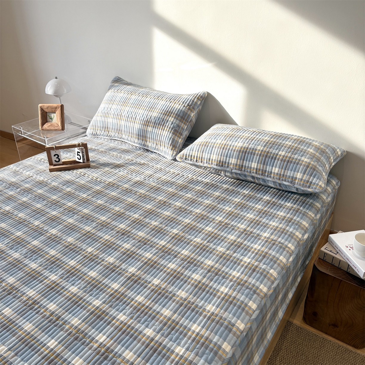 91家纺网 家纺一手货源 找家纺 居眠 2025新款格子全棉纯棉水洗棉棉花单床笠床笠单件单品床笠 夹棉款-简兮兰