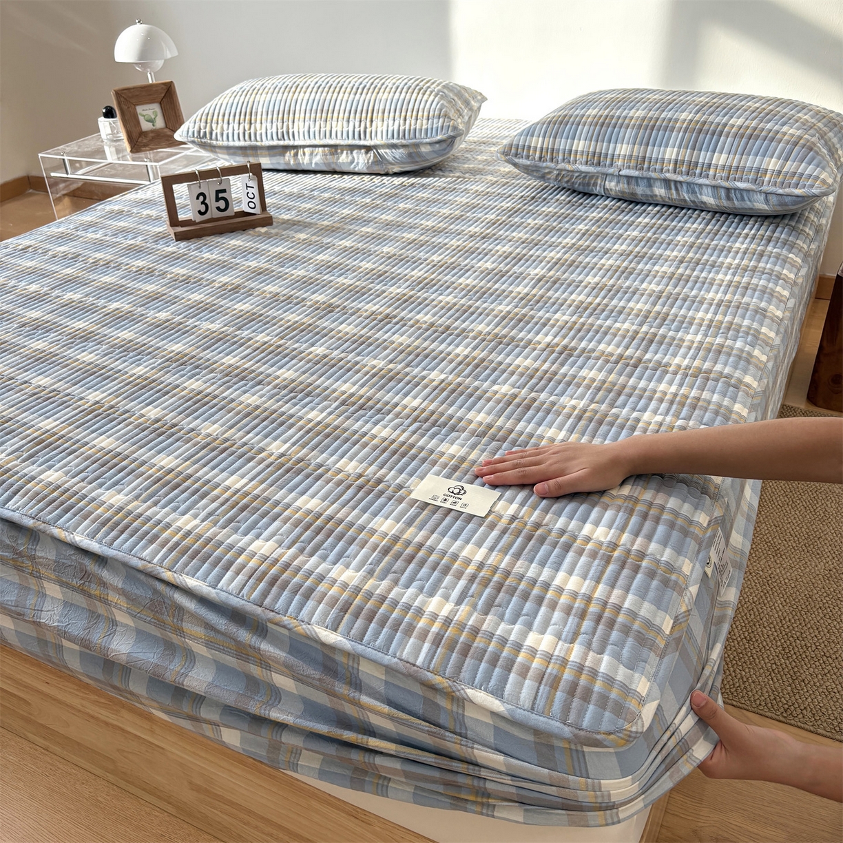 91家纺网 家纺一手货源 找家纺 居眠 2025新款格子全棉纯棉水洗棉棉花单床笠床笠单件单品床笠 夹棉款-简兮兰