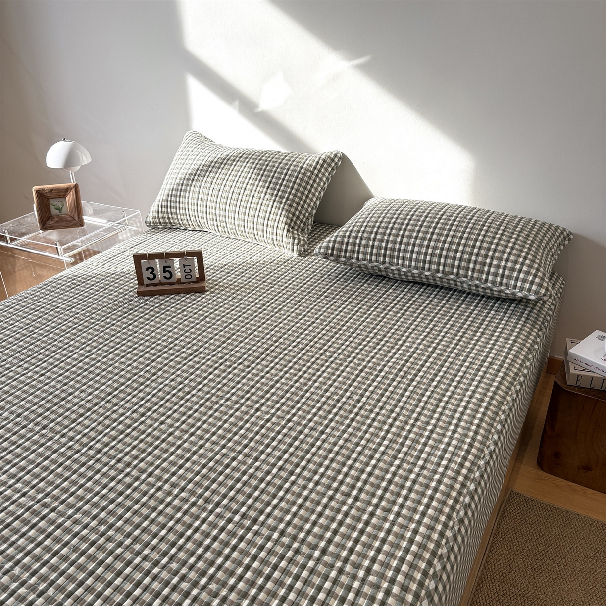 91家纺网 家纺一手货源 找家纺 居眠 2025新款格子全棉纯棉水洗棉棉花单床笠床笠单件单品床笠 夹棉款-绿小格