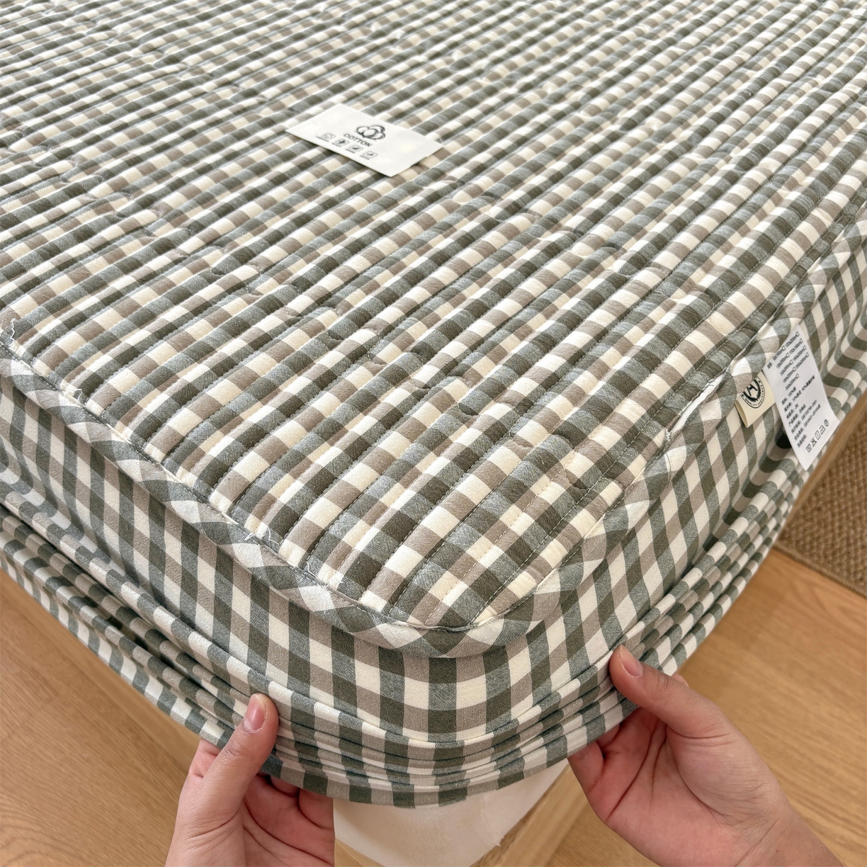 91家纺网 家纺一手货源 找家纺 居眠 2025新款格子全棉纯棉水洗棉棉花单床笠床笠单件单品床笠 夹棉款-绿小格