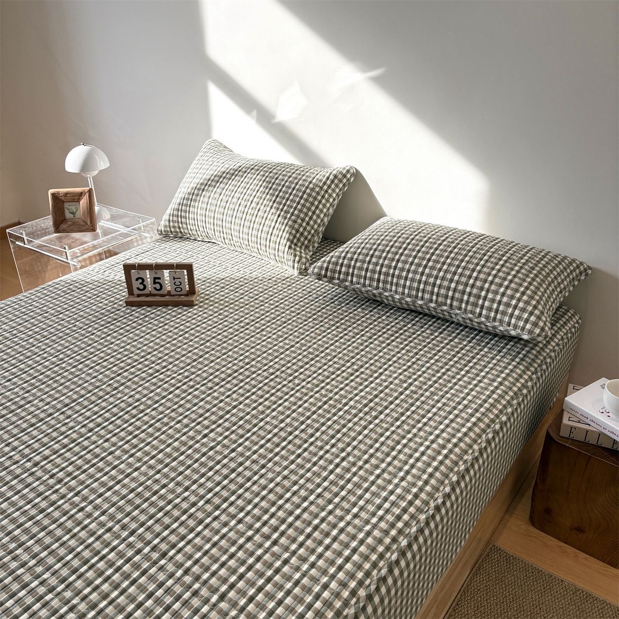 91家纺网 家纺一手货源 找家纺 居眠 2025新款格子全棉纯棉水洗棉棉花单床笠床笠单件单品床笠 夹棉款-绿小格