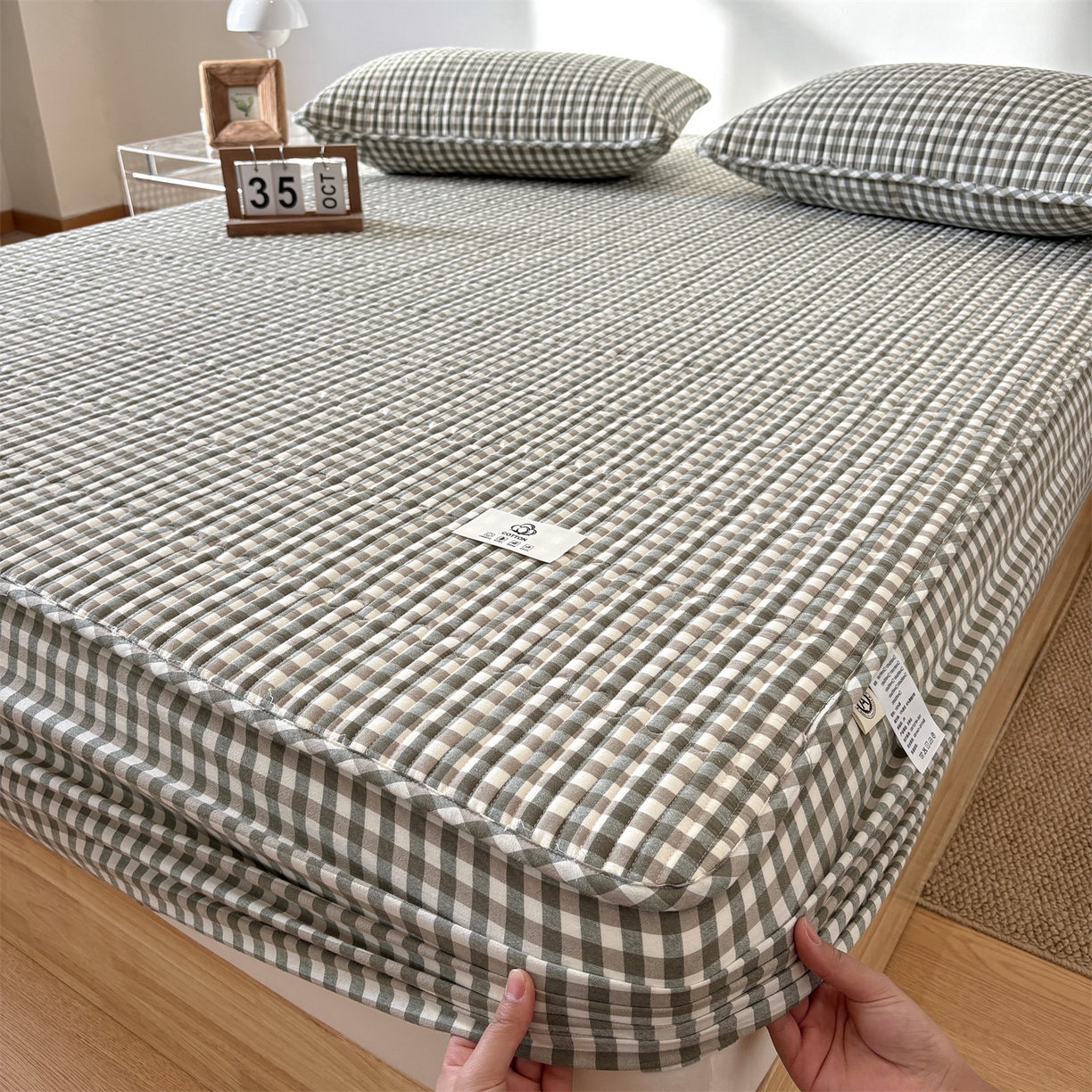 91家纺网 家纺一手货源 找家纺 居眠 2025新款格子全棉纯棉水洗棉棉花单床笠床笠单件单品床笠 夹棉款-绿小格