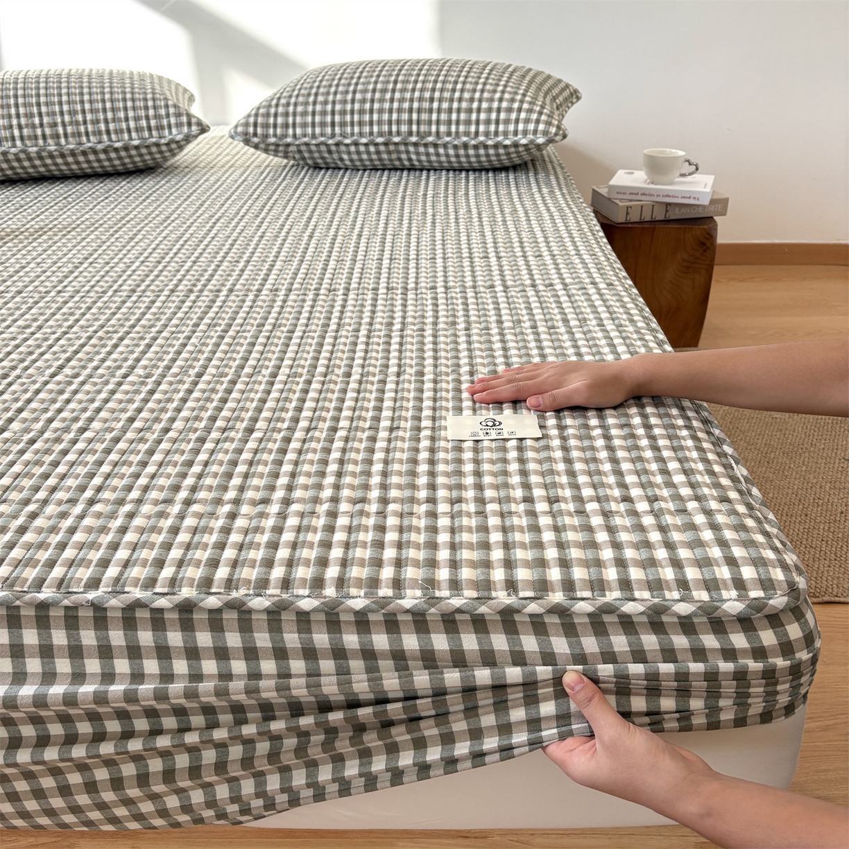 91家纺网 家纺一手货源 找家纺 居眠 2025新款格子全棉纯棉水洗棉棉花单床笠床笠单件单品床笠 夹棉款-绿小格