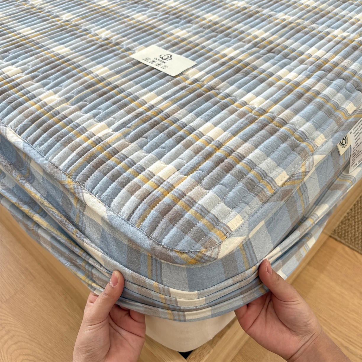 91家纺网 家纺一手货源 找家纺 居眠 2025新款格子全棉纯棉水洗棉棉花单床笠床笠单件单品床笠 夹棉款-简兮兰