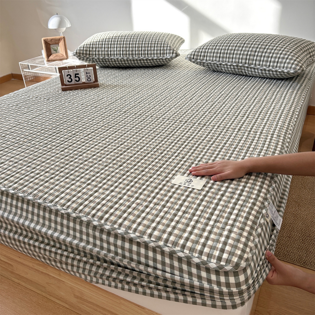 91家纺网 家纺一手货源 找家纺 居眠 2025新款格子全棉纯棉水洗棉棉花单床笠床笠单件单品床笠 夹棉款-绿小格