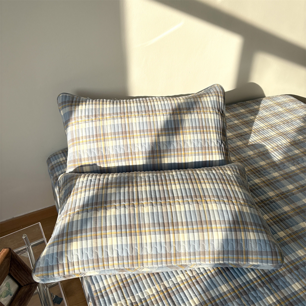 91家纺网 家纺一手货源 找家纺 居眠 2025新款格子全棉纯棉水洗棉棉花单床笠床笠单件单品床笠 夹棉款-简兮兰