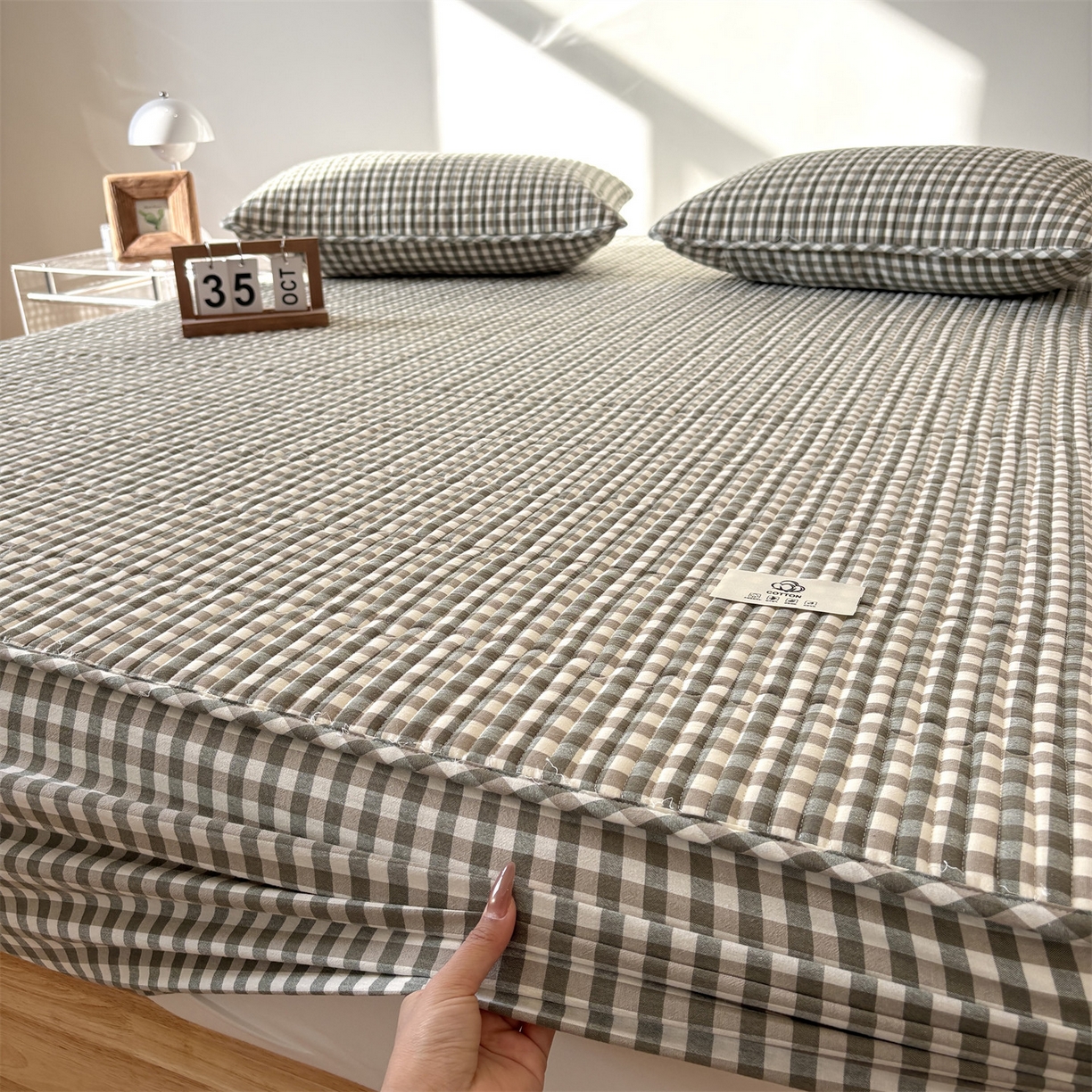 91家纺网 家纺一手货源 找家纺 居眠 2025新款格子全棉纯棉水洗棉棉花单床笠床笠单件单品床笠 夹棉款-绿小格