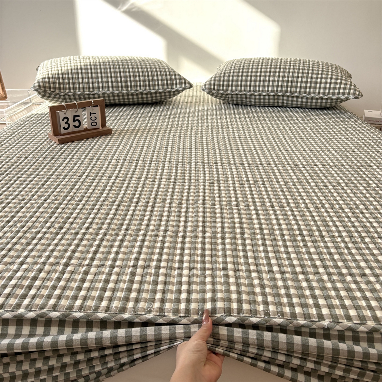 91家纺网 家纺一手货源 找家纺 居眠 2025新款格子全棉纯棉水洗棉棉花单床笠床笠单件单品床笠 夹棉款-绿小格