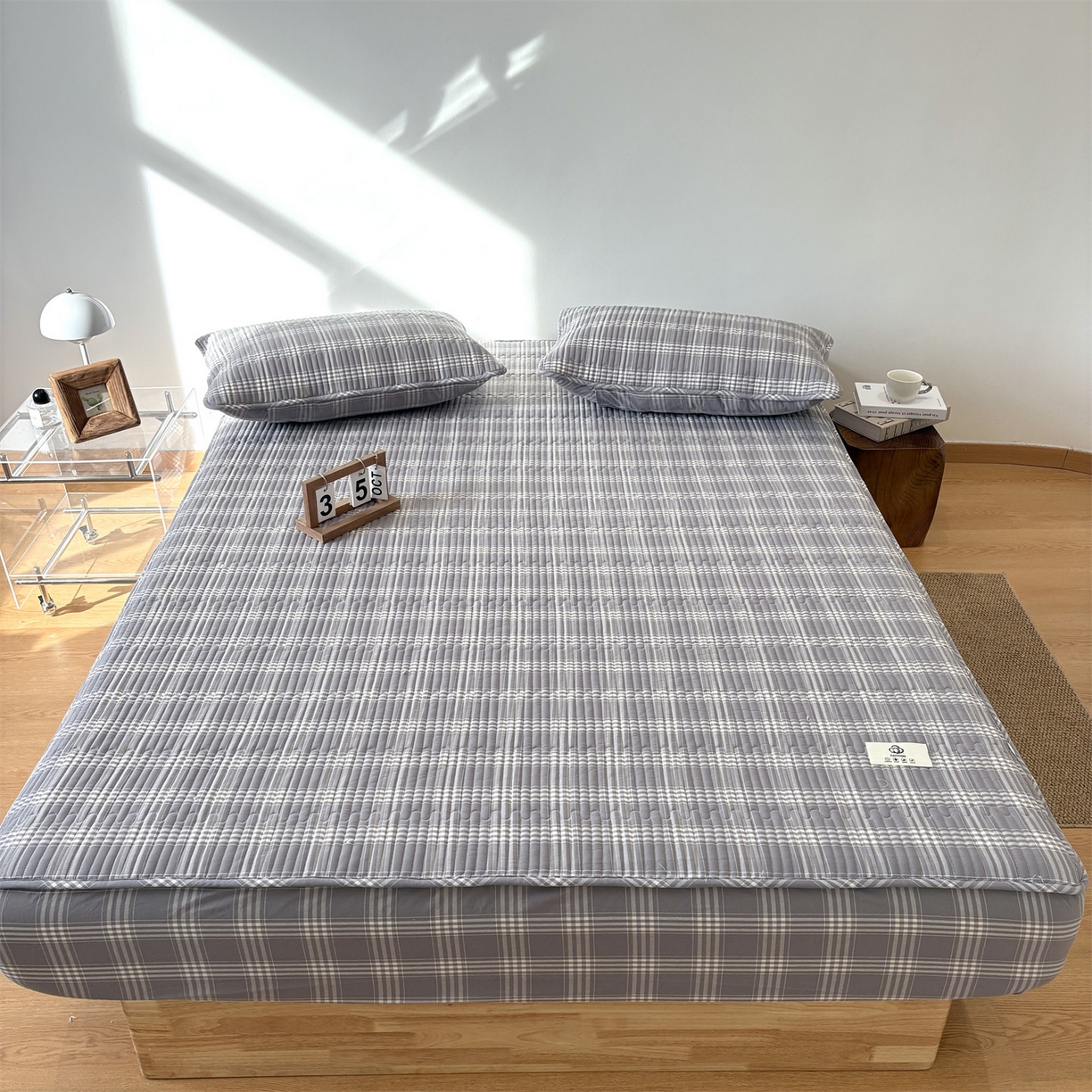 91家纺网 家纺一手货源 找家纺 居眠 2025新款格子全棉纯棉水洗棉棉花单床笠床笠单件单品床笠 夹棉款-马丁灰