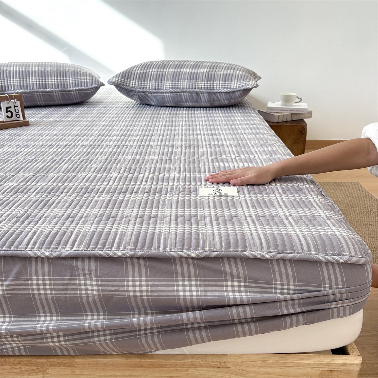 91家纺网 家纺一手货源 找家纺 居眠 2025新款格子全棉纯棉水洗棉棉花单床笠床笠单件单品床笠 夹棉款-马丁灰