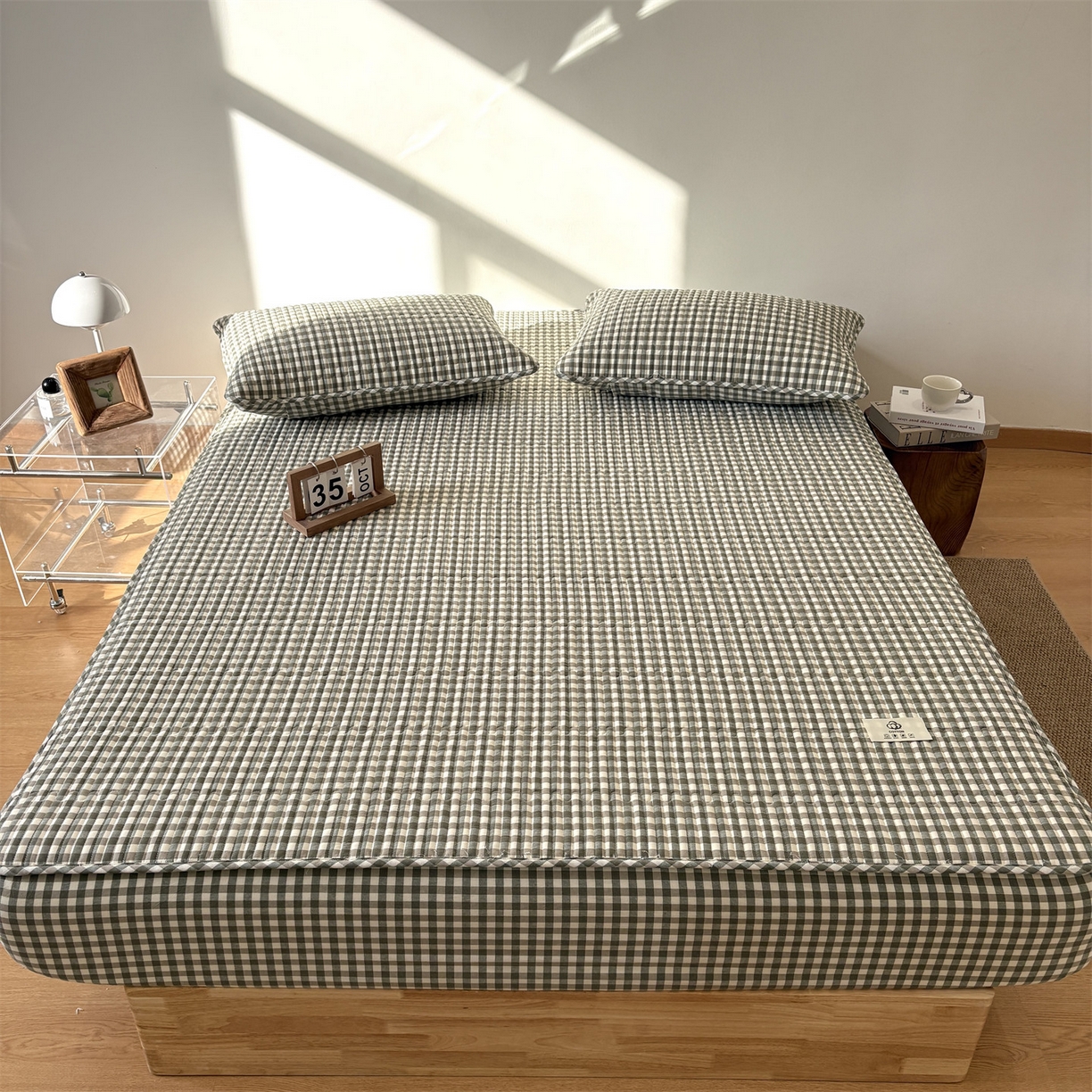 91家纺网 家纺一手货源 找家纺 居眠 2025新款格子全棉纯棉水洗棉棉花单床笠床笠单件单品床笠 夹棉款-绿小格