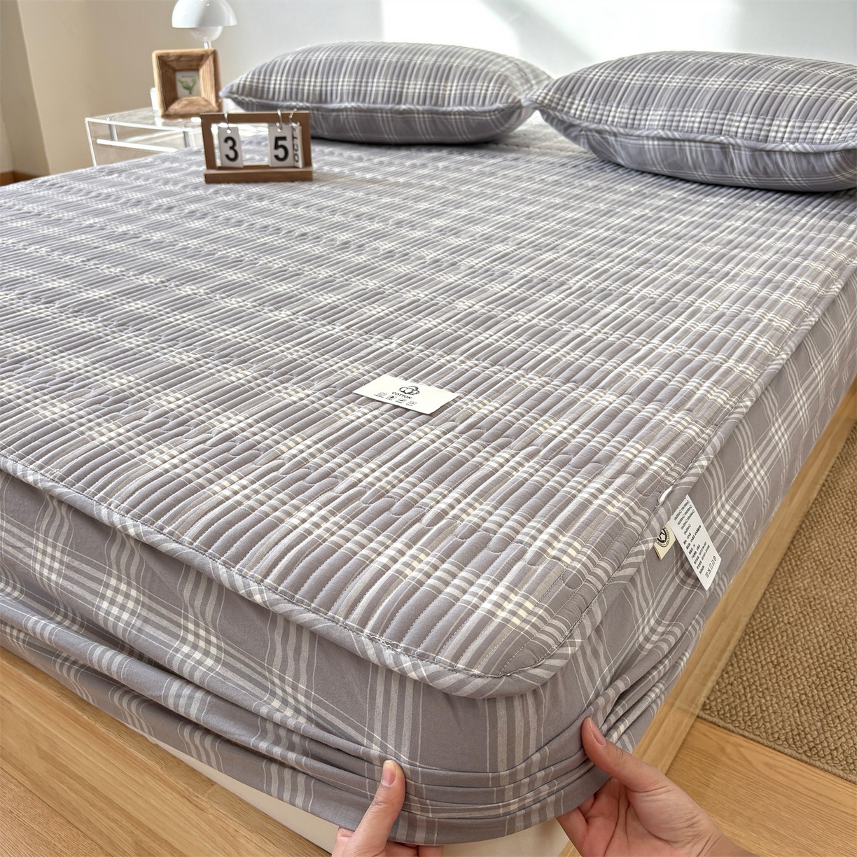居眠 2025新款格子全棉纯棉水洗棉棉花单床笠床笠单件单品床笠 夹棉款-马丁灰
