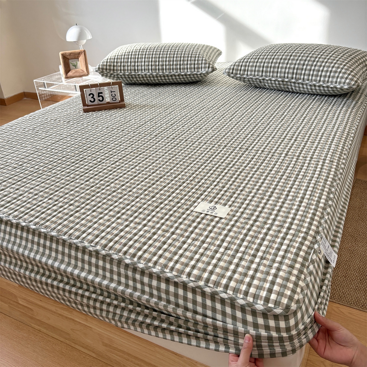 91家纺网 家纺一手货源 找家纺 居眠 2025新款格子全棉纯棉水洗棉棉花单床笠床笠单件单品床笠 夹棉款-绿小格