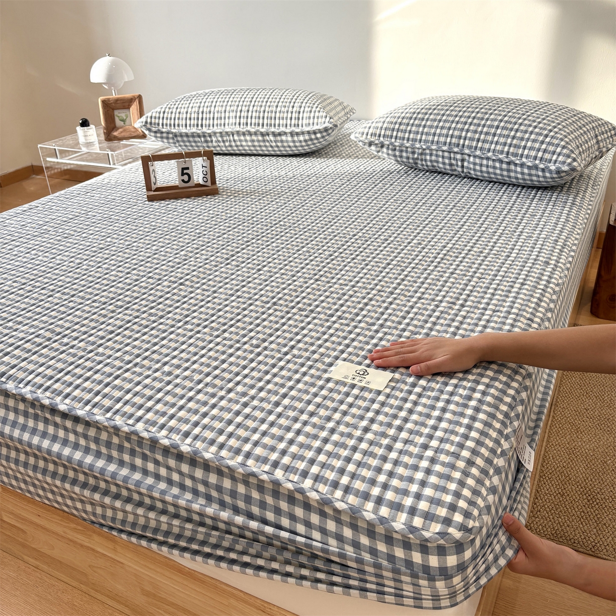 91家纺网 家纺一手货源 找家纺 居眠 2025新款格子全棉纯棉水洗棉棉花单床笠床笠单件单品床笠 夹棉款-水兰小格