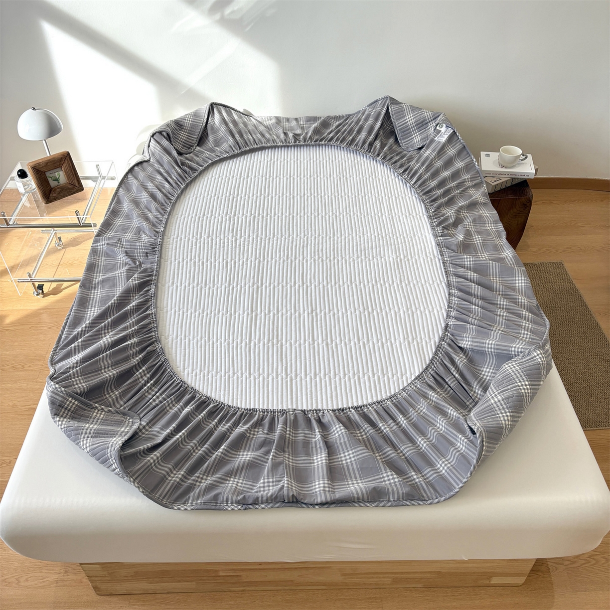 91家纺网 家纺一手货源 找家纺 居眠 2025新款格子全棉纯棉水洗棉棉花单床笠床笠单件单品床笠 夹棉款-马丁灰