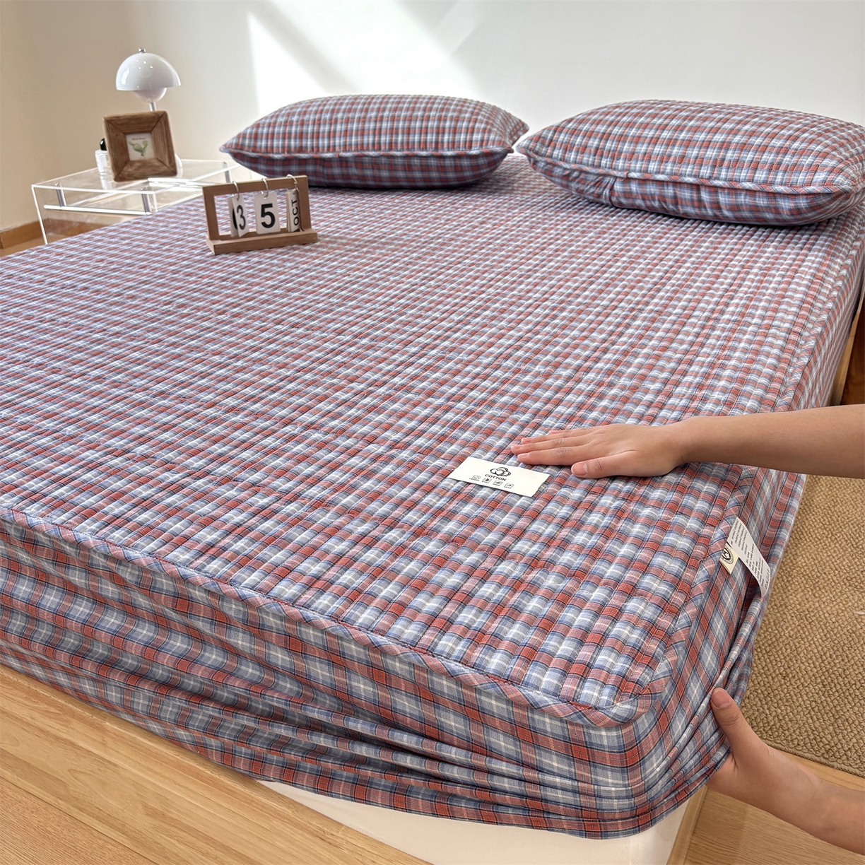 91家纺网 家纺一手货源 找家纺 居眠 2025新款格子全棉纯棉水洗棉棉花单床笠床笠单件单品床笠 夹棉款-瑞土兰