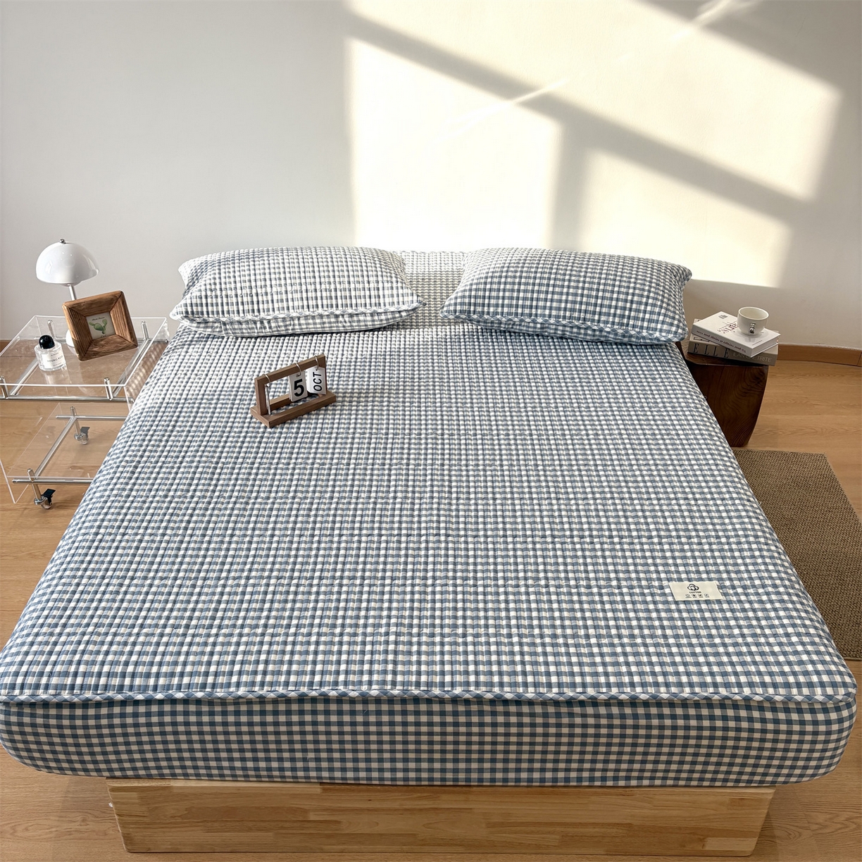 91家纺网 家纺一手货源 找家纺 居眠 2025新款格子全棉纯棉水洗棉棉花单床笠床笠单件单品床笠 夹棉款-水兰小格