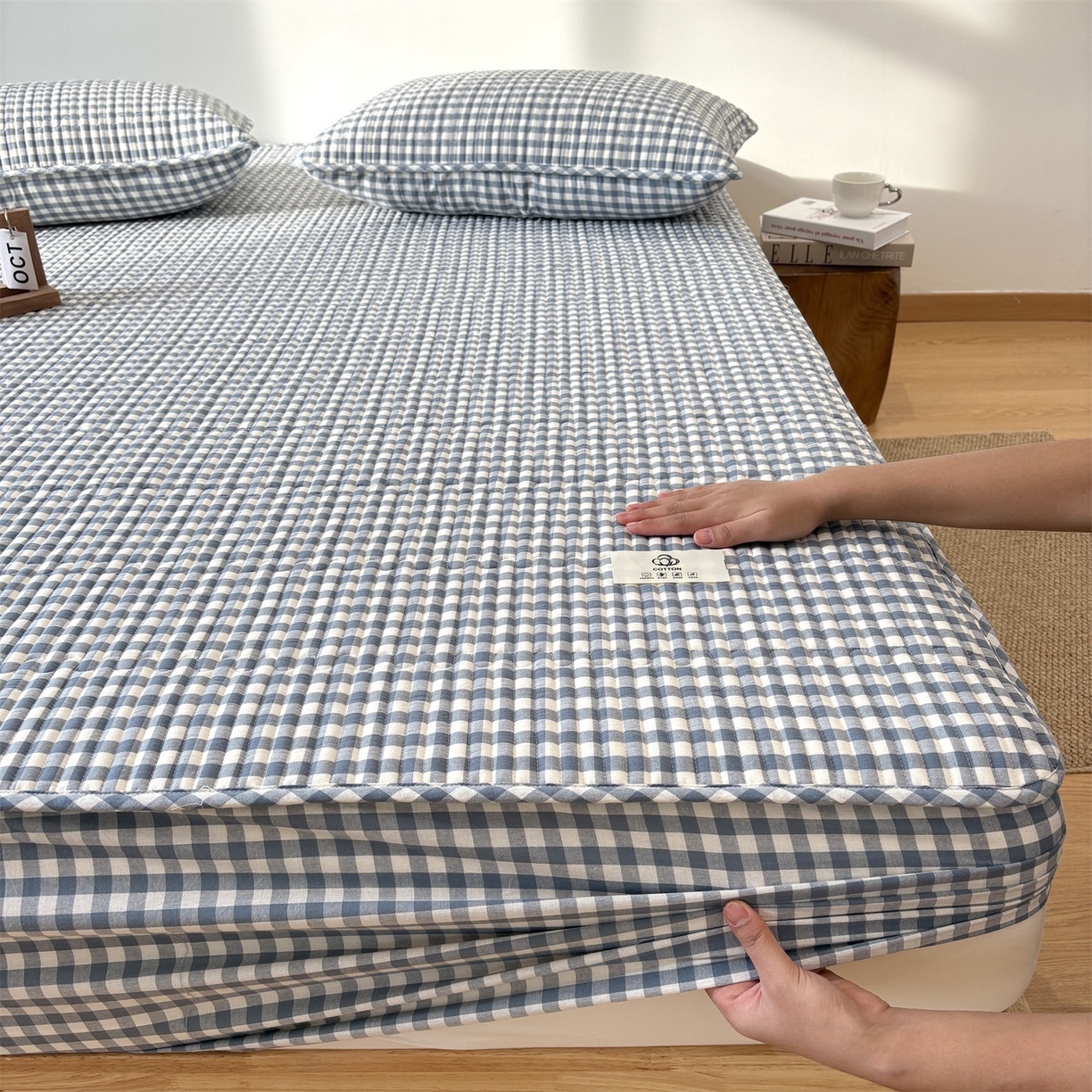 91家纺网 家纺一手货源 找家纺 居眠 2025新款格子全棉纯棉水洗棉棉花单床笠床笠单件单品床笠 夹棉款-水兰小格