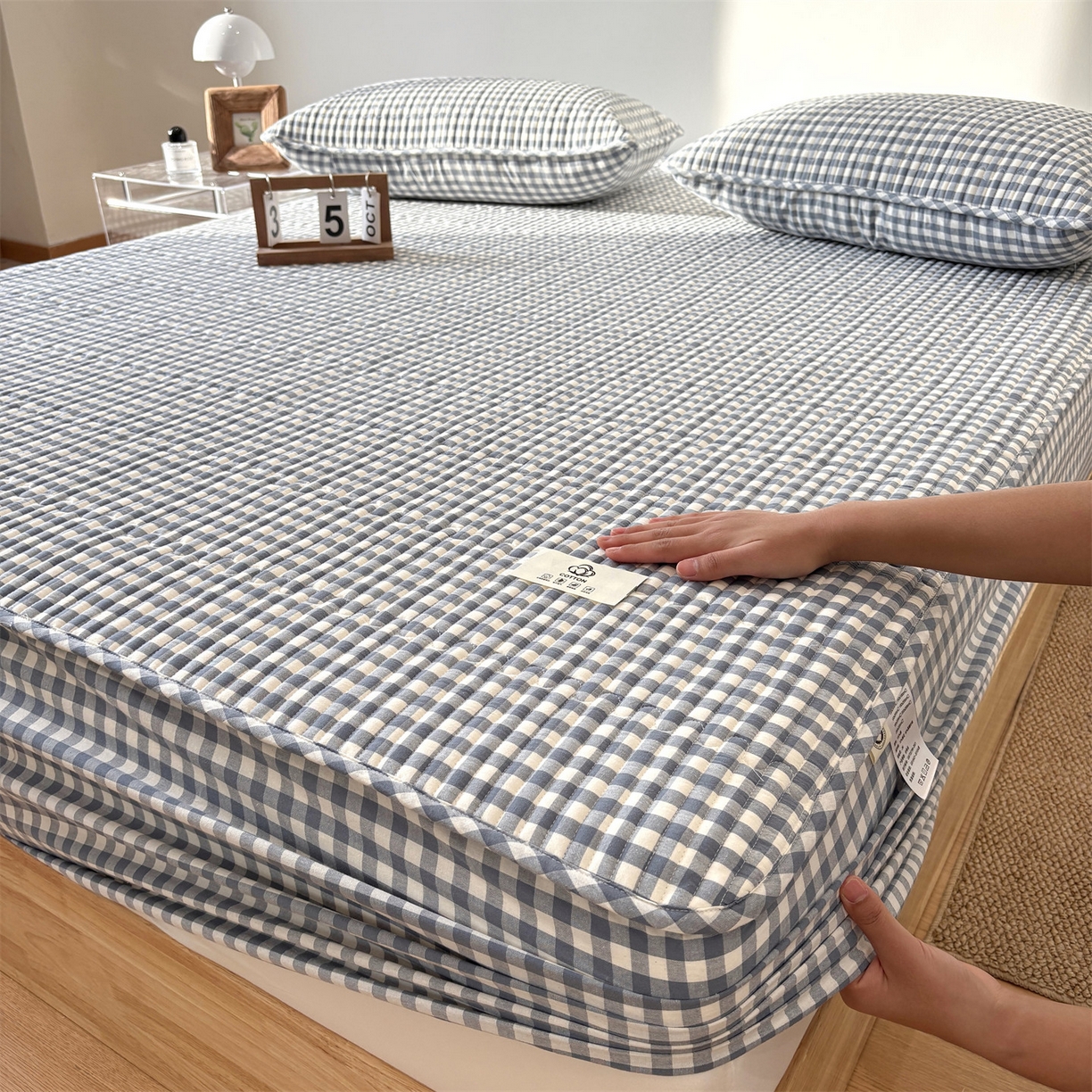 91家纺网 家纺一手货源 找家纺 居眠 2025新款格子全棉纯棉水洗棉棉花单床笠床笠单件单品床笠 夹棉款-水兰小格