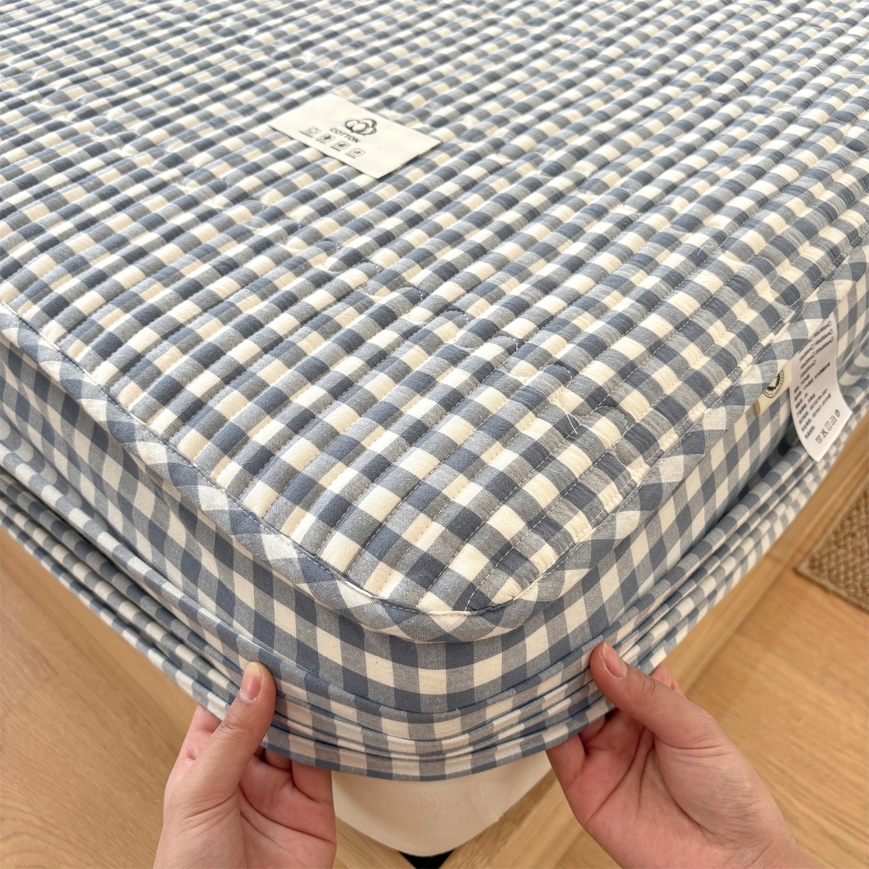 91家纺网 家纺一手货源 找家纺 居眠 2025新款格子全棉纯棉水洗棉棉花单床笠床笠单件单品床笠 夹棉款-水兰小格