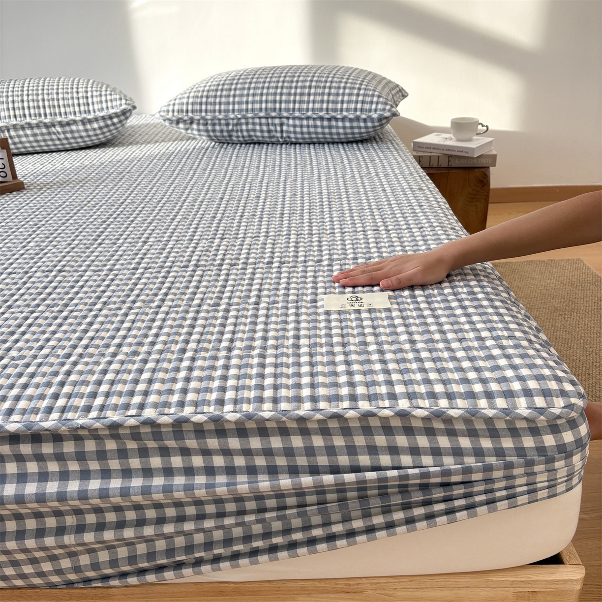 91家纺网 家纺一手货源 找家纺 居眠 2025新款格子全棉纯棉水洗棉棉花单床笠床笠单件单品床笠 夹棉款-水兰小格