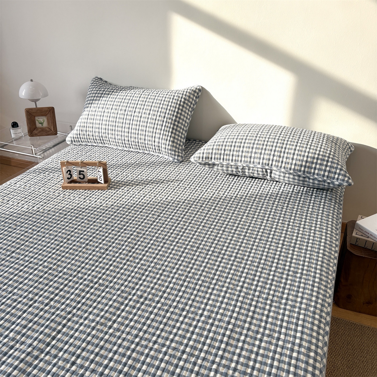 91家纺网 家纺一手货源 找家纺 居眠 2025新款格子全棉纯棉水洗棉棉花单床笠床笠单件单品床笠 夹棉款-水兰小格