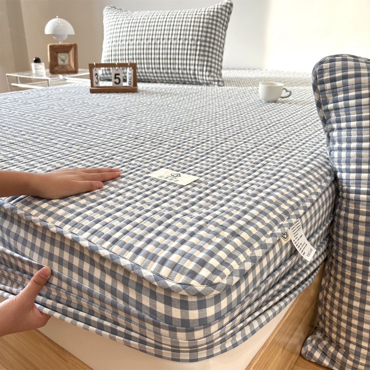 91家纺网 家纺一手货源 找家纺 居眠 2025新款格子全棉纯棉水洗棉棉花单床笠床笠单件单品床笠 夹棉款-水兰小格