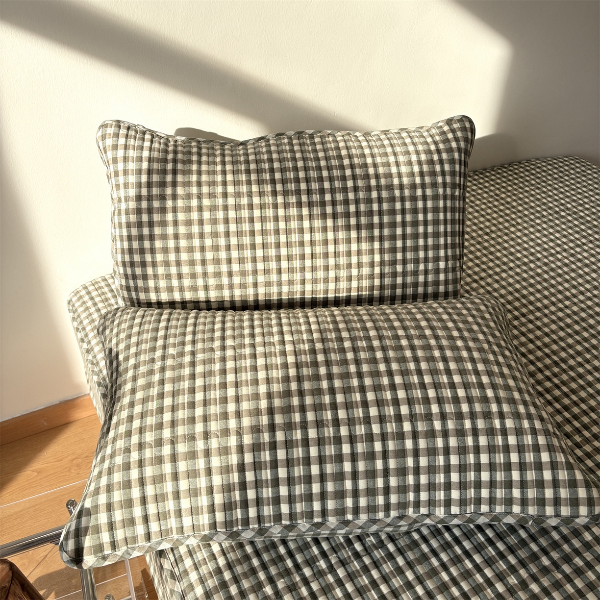 91家纺网 家纺一手货源 找家纺 居眠 2025新款格子全棉纯棉水洗棉棉花单床笠床笠单件单品床笠 夹棉款-绿小格