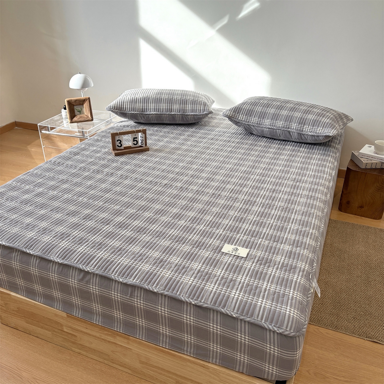 91家纺网 家纺一手货源 找家纺 居眠 2025新款格子全棉纯棉水洗棉棉花单床笠床笠单件单品床笠 夹棉款-马丁灰
