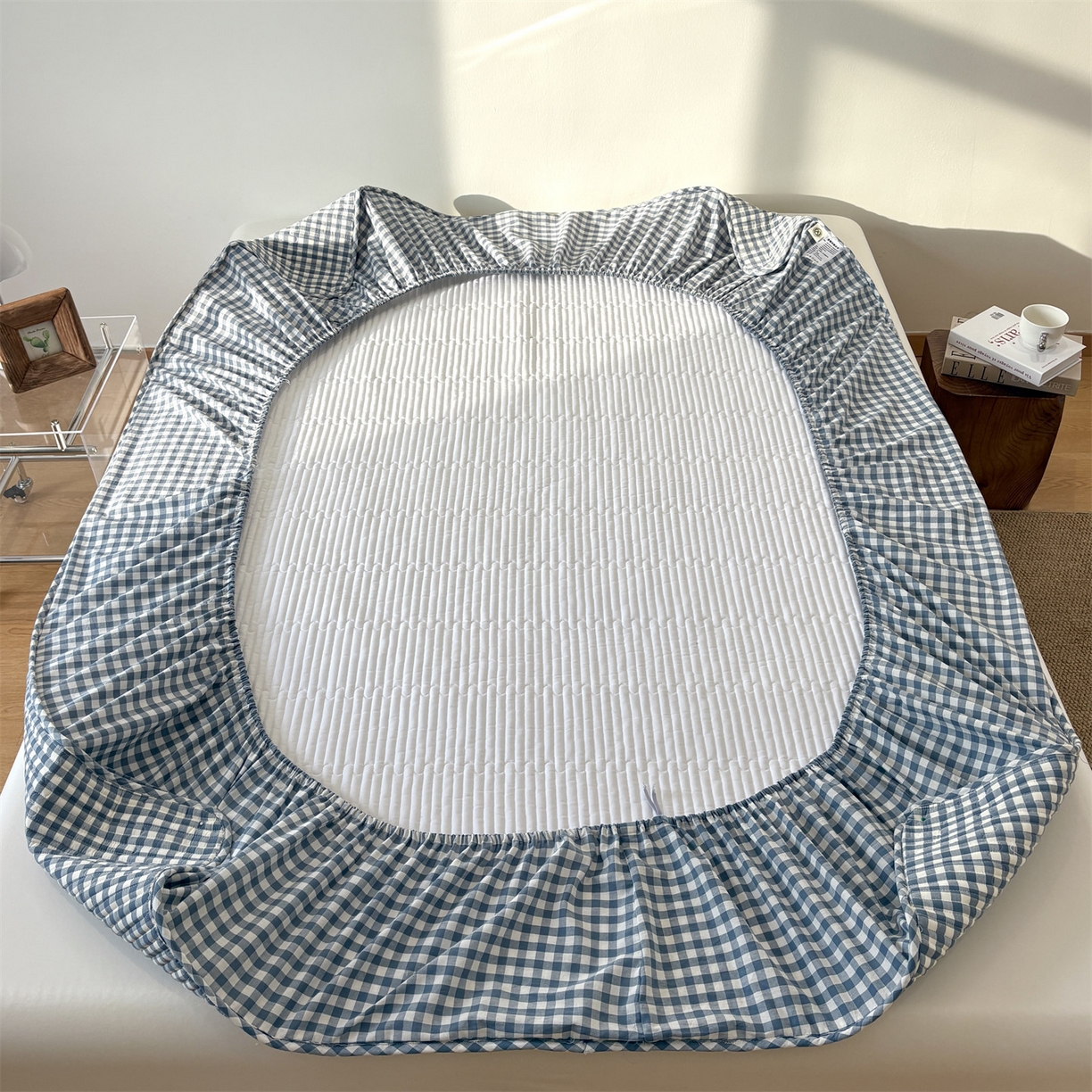 91家纺网 家纺一手货源 找家纺 居眠 2025新款格子全棉纯棉水洗棉棉花单床笠床笠单件单品床笠 夹棉款-水兰小格