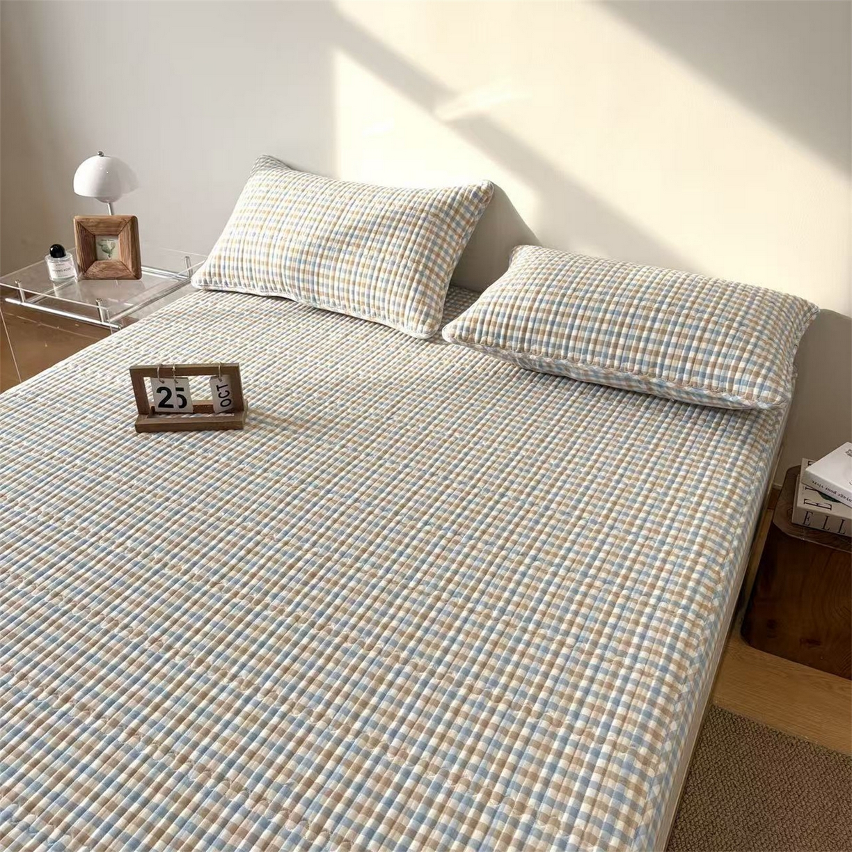 91家纺网 家纺一手货源 找家纺 居眠 2025新款格子全棉纯棉水洗棉棉花单床笠床笠单件单品床笠 夹棉款-印月兰