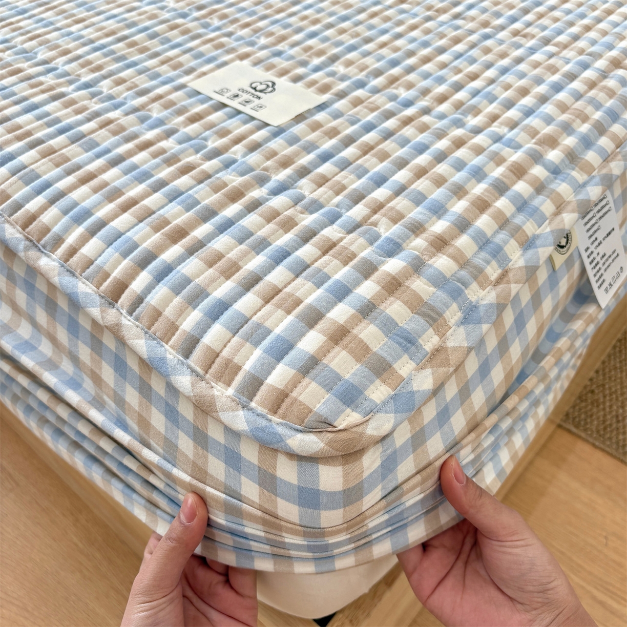 91家纺网 家纺一手货源 找家纺 居眠 2025新款格子全棉纯棉水洗棉棉花单床笠床笠单件单品床笠 夹棉款-印月兰