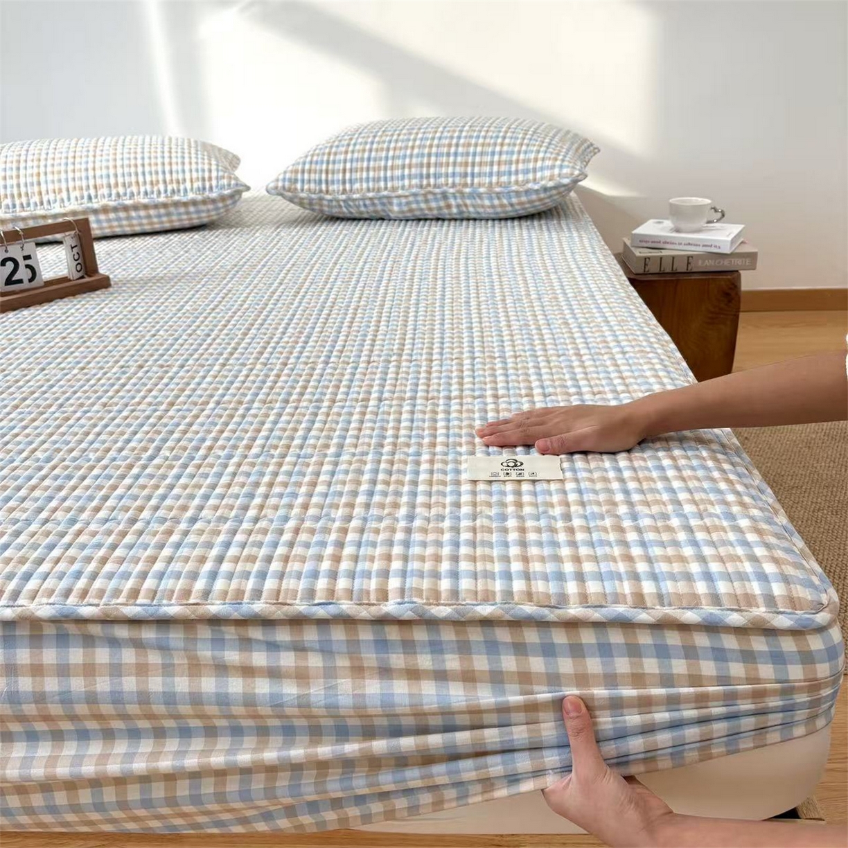 91家纺网 家纺一手货源 找家纺 居眠 2025新款格子全棉纯棉水洗棉棉花单床笠床笠单件单品床笠 夹棉款-印月兰