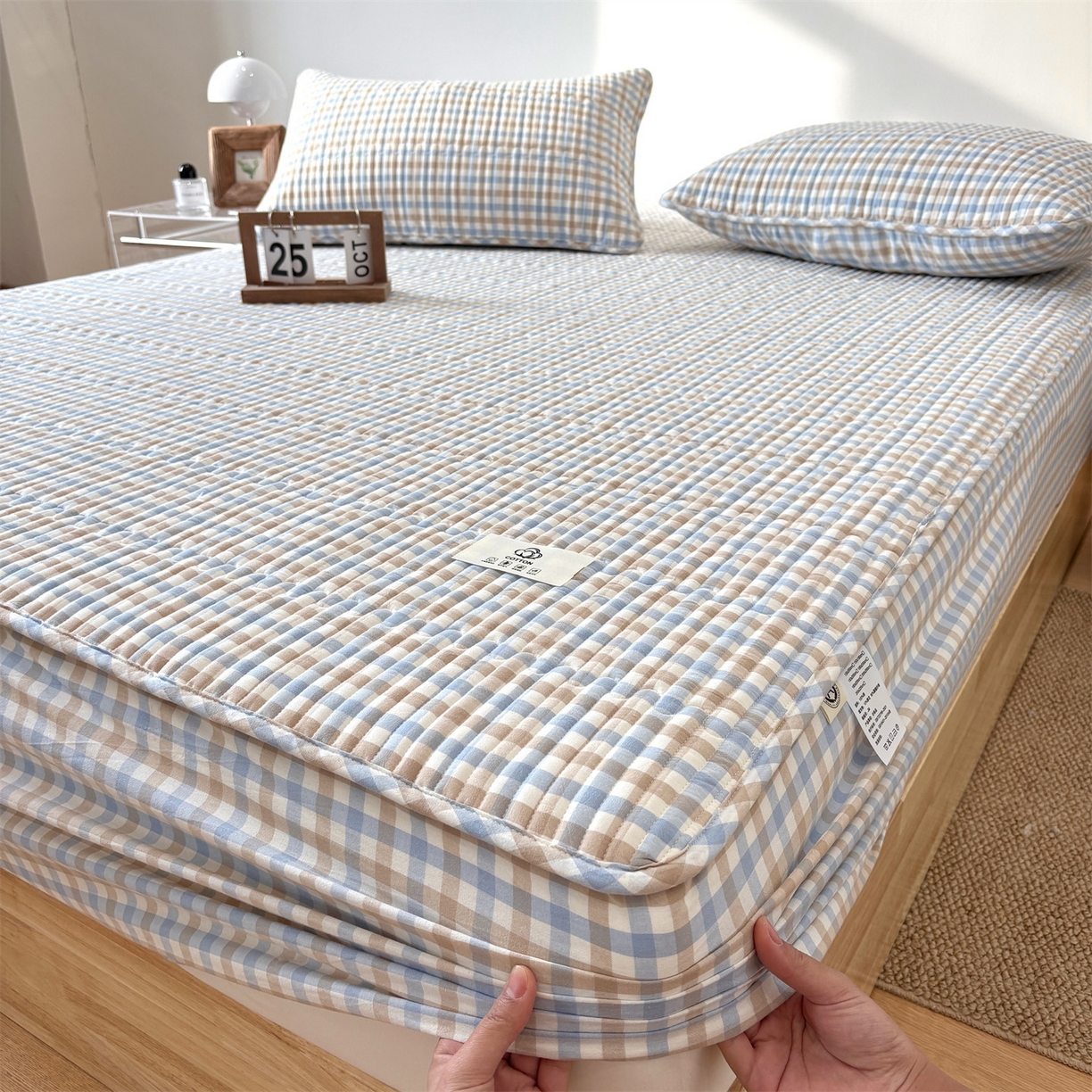 91家纺网 家纺一手货源 找家纺 居眠 2025新款格子全棉纯棉水洗棉棉花单床笠床笠单件单品床笠 夹棉款-印月兰