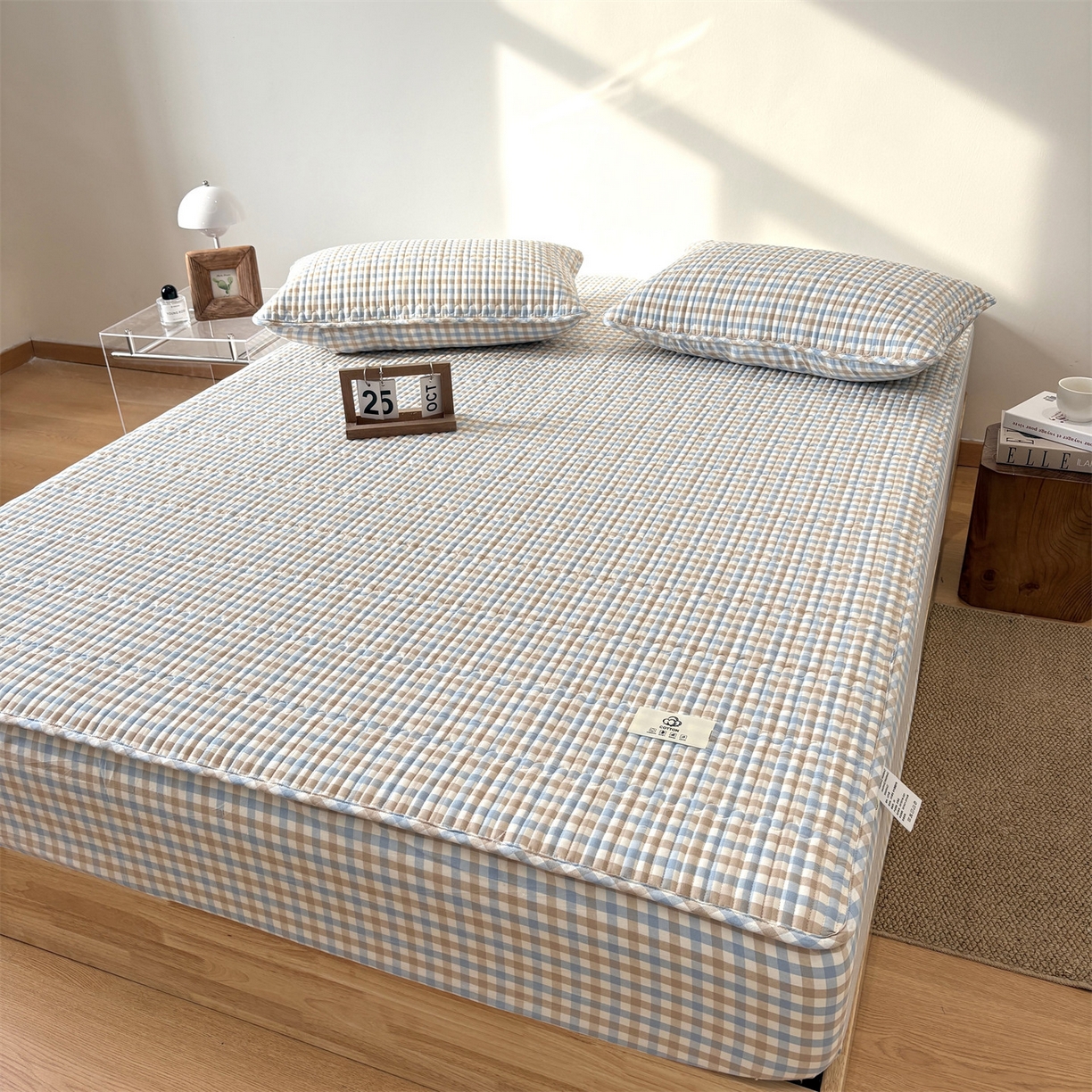 91家纺网 家纺一手货源 找家纺 居眠 2025新款格子全棉纯棉水洗棉棉花单床笠床笠单件单品床笠 夹棉款-印月兰