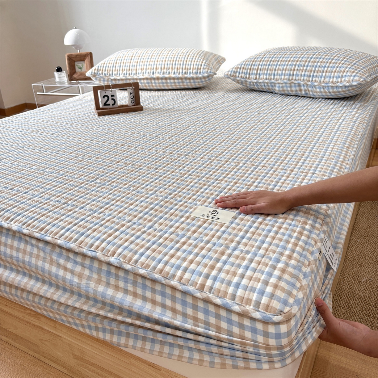 91家纺网 家纺一手货源 找家纺 居眠 2025新款格子全棉纯棉水洗棉棉花单床笠床笠单件单品床笠 夹棉款-印月兰
