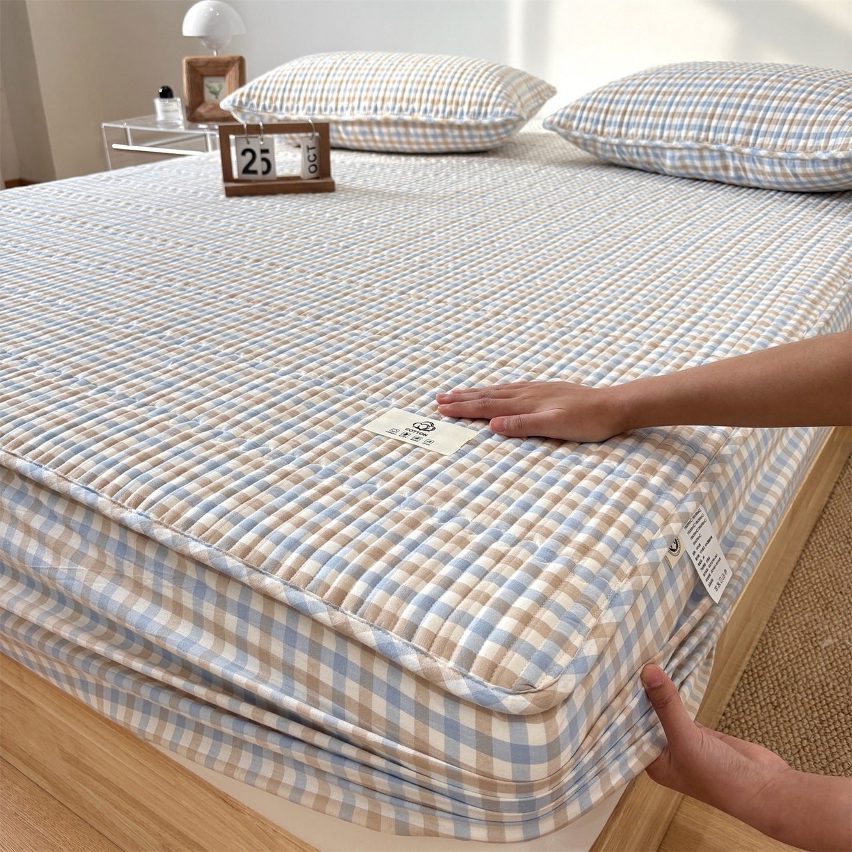 91家纺网 家纺一手货源 找家纺 居眠 2025新款格子全棉纯棉水洗棉棉花单床笠床笠单件单品床笠 夹棉款-印月兰